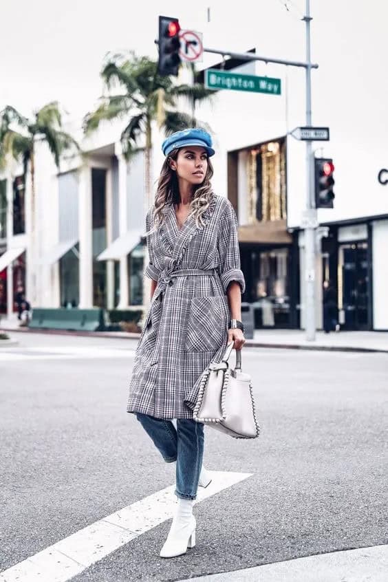 Tweed Trench Coat and Blue Greek Fisherman Hat