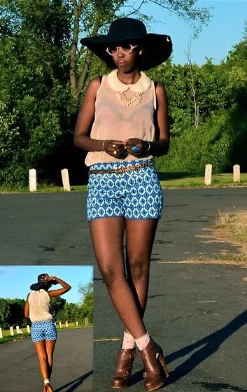 Pale Yellow Sleeveless Chiffon Blouse with Blue Patterned Shorts