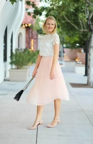 White Lace Short Sleeve Blouse with Pale Yellow Pleated Midi Skirt