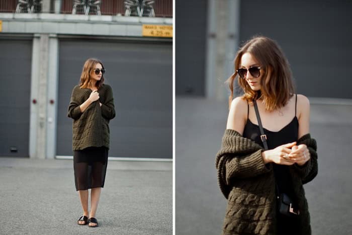 Black Relaxed Fit Midi Cami Dress with Oversized Knit Cardigan