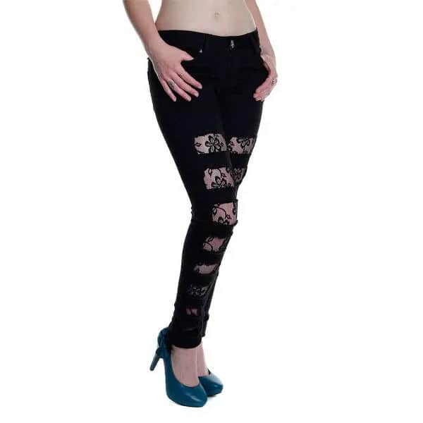 Black Ripped Lace Skinny Jeans with Dark Navy Blue Leather Heels