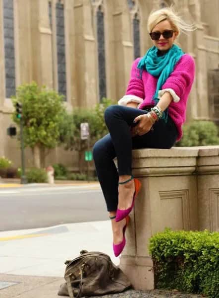 Pink Chunky Sweater with Teal Linen Scarf & Skinny Jeans