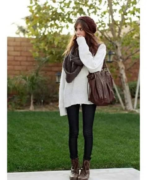 Oversized White Sweater with Grey Scarf & Black Skinny Jeans