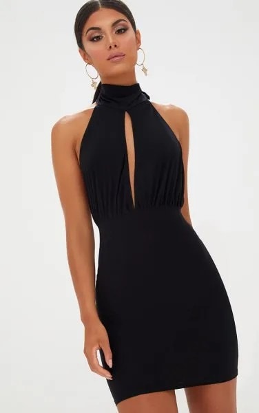 Black High Neck Open Chest Bodycon Dress