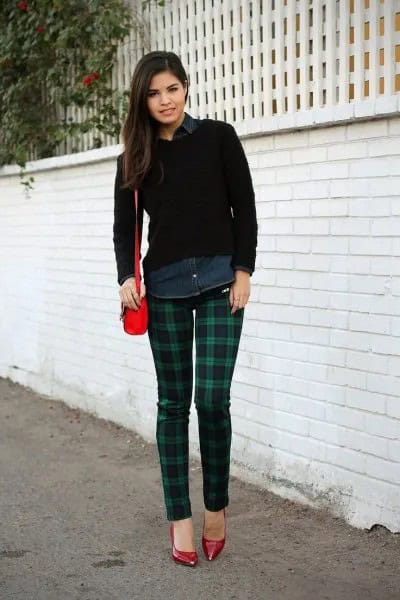 Black Pullover Sweater with Navy and Grey Plaid Skinny Pants