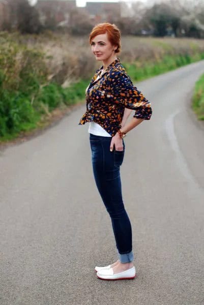 Black Printed Shirt with Dark Blue Skinny Jeans & White Loafers