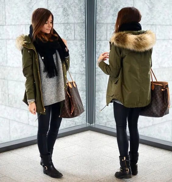 Green Fur Hooded Parka Jacket with Grey Sweater & Black Knit Scarf