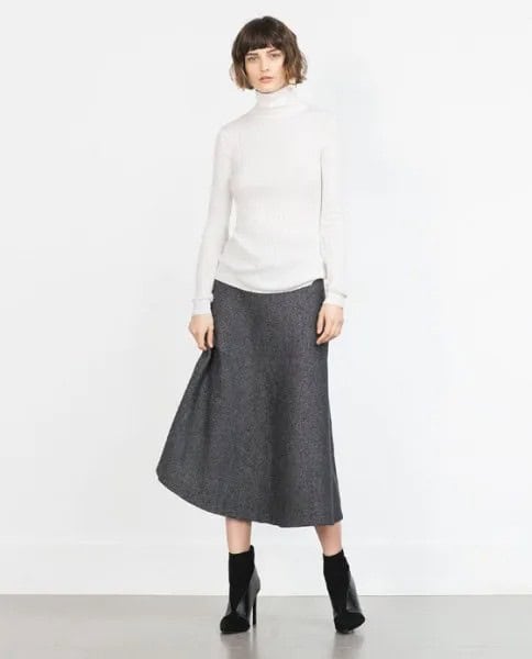 White Mock Neck Sweater with Grey Wool Skirt