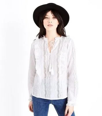 White Lace Collarless Shirt with Black Felt Hat