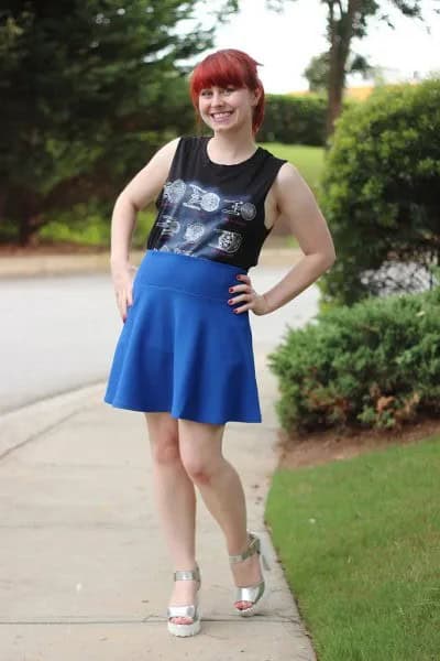 Black Tucked Tank Top with Royal Blue High Rise Skater Skirt