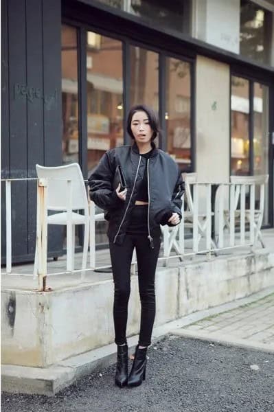 Black Crop Top with Skinny Ankle Jeans & Leather Flight Jacket