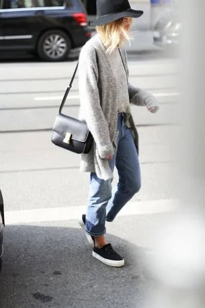 Grey Sweater Cardigan with Blue Boyfriend Jeans & Black and White Slip On Shoes