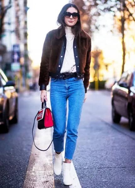 Black Corduroy Jacket with Cable Knit Sweater & Blue Jeans