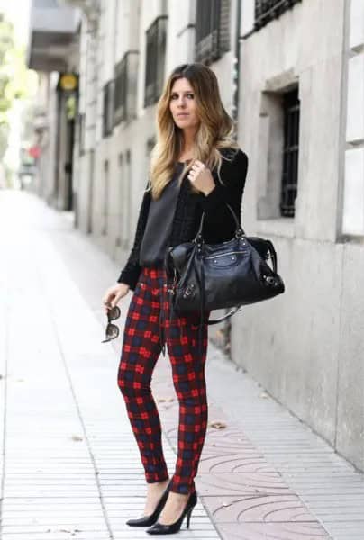 Knit Cardigan with Black and Red Checker Patterned Leggings