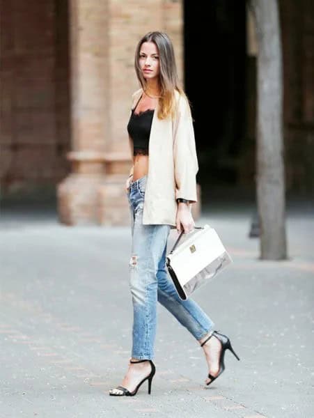 White Blazer with Black Cropped Spaghetti Strap Tank Top & Blue Jeans