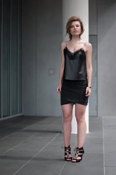 Lace Camisole with Black Wrap Mini Skirt