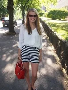 Black and White Horizontal Striped Shorts with Button Up Shirt