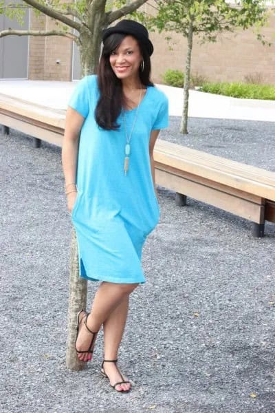 Sky Blue Tunic Dress with Boho Style Necklace