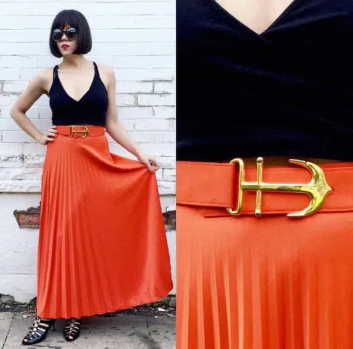 Black Deep V Neck Vest Top with Orange Pleated Maxi Skirt