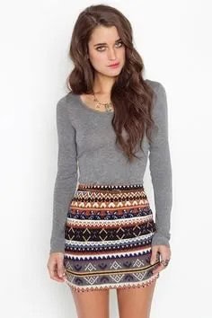 Grey Long Sleeve Top with Tribal Printed Mini Skirt