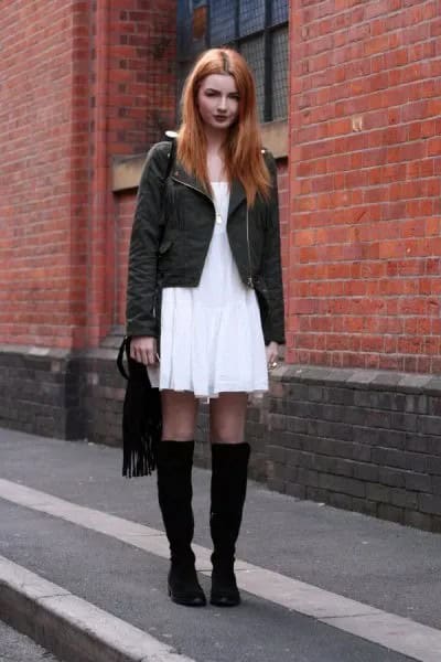 White Mini Shift Dress with Black Jacket & Boots