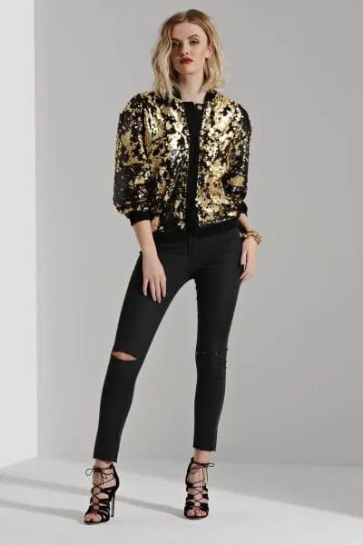 Gold and Black Bomber Jacket with Ripped Skinny Jeans