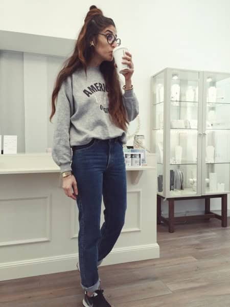 Grey Graphic Sweatshirt with Blue Cuffed Mom Jeans