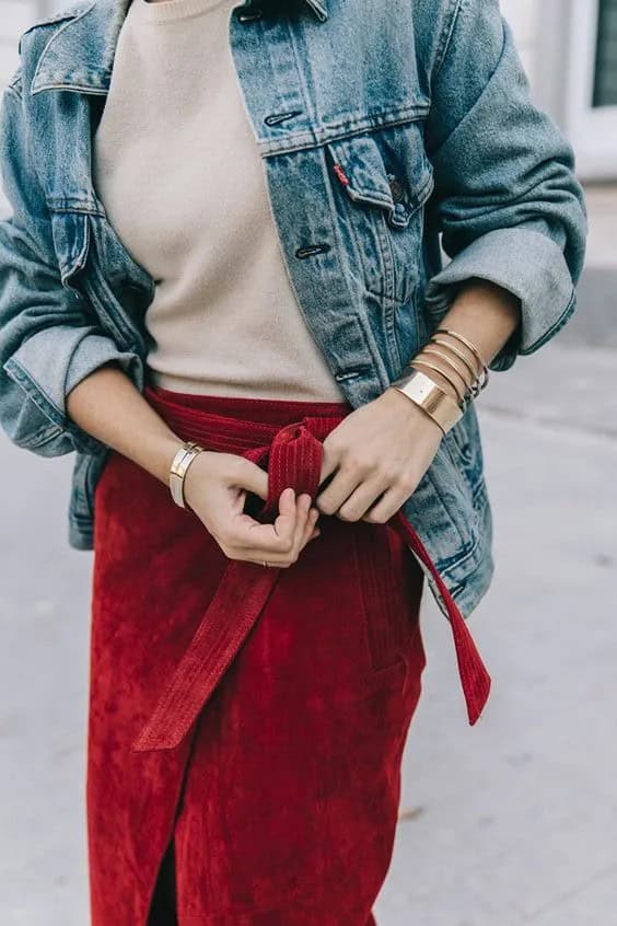 Red Wrapped Suede Skirt