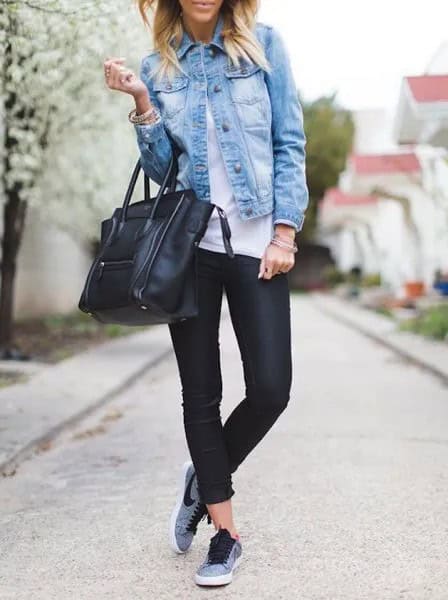 Blue Denim Jacket with Black Leather Pants & Grey Walking Tennis Shoes