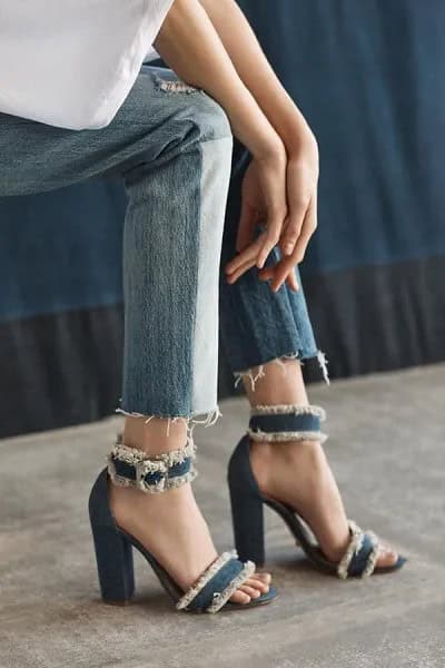 White Blouse with Ankle Jeans & Denim Ankle Strap Heels