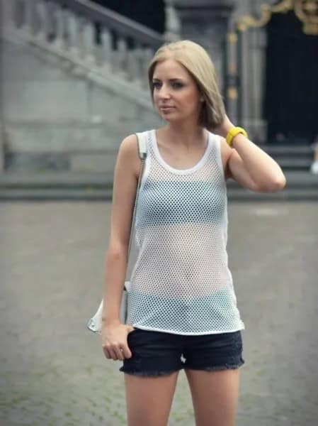 White Mesh Vest Top with Cropped Tube Top & Denim Shorts