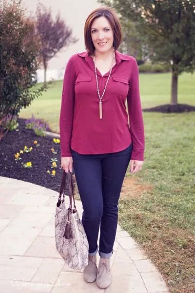 Pink Blouse with Navy Blue Cuffed Jeans & Grey Suede Ankle Boots