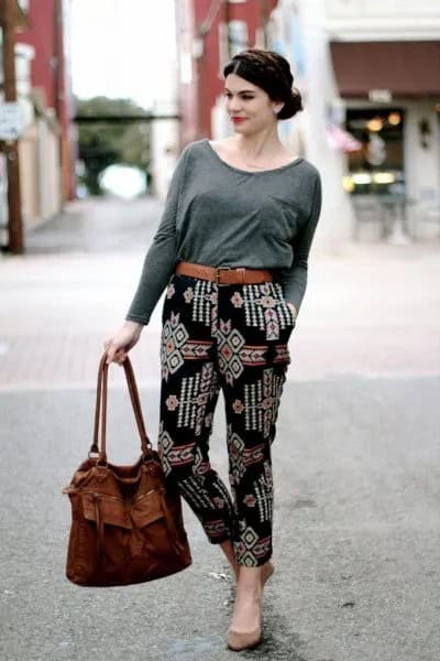 Grey Long Sleeve T Shirt with Black Printed Pants