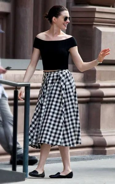 Black Off The Shoulder Tee with Checker Midi Relaxed Fit Cotton Skirt