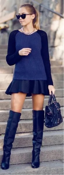 Navy Blue Fitted Sweater with Black Mini Pleated Skirt & Thigh High Boots