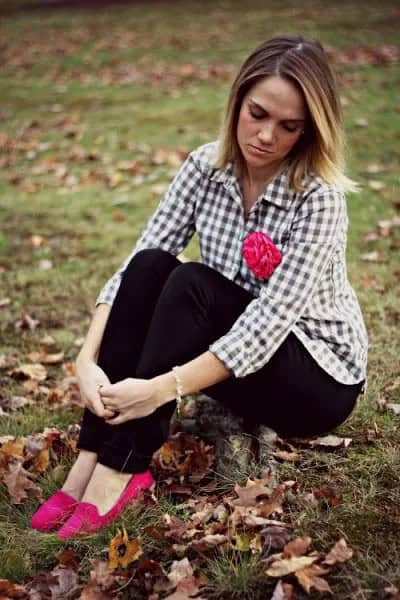 Black and White Plaid Shirt with Black Pants