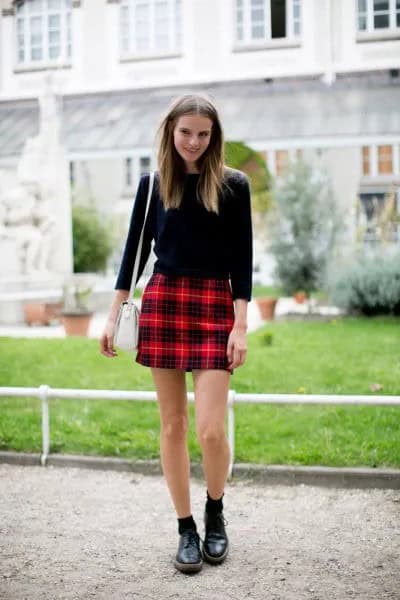 Black Three Quarter Sleeve Sweater with Red Plaid Mini Skirt