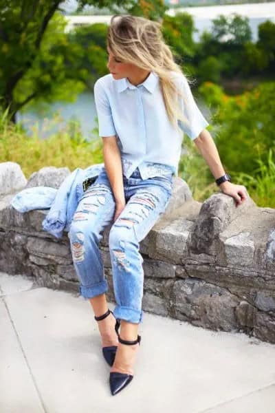 Light Blue Short Sleeve Shirt with Boyfriend Ripped Jeans