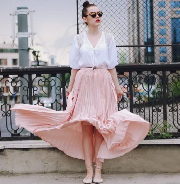 White Blouse with Blush Flowy Skirt