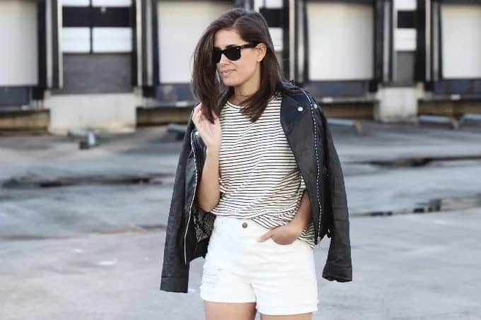 White Denim Shorts with Striped Tee & Black Leather Jacket