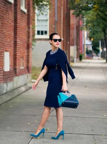 Black Midi Dress with Navy Blue Suede Heels