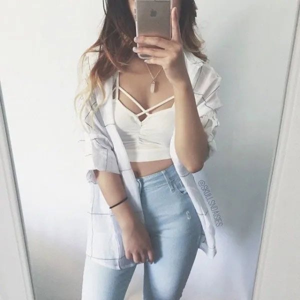 White Criss Cross Crop Top with Boyfriend Shirt