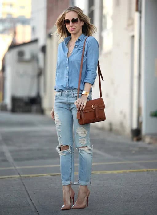 Wear Chambray Boyfriend Shirt with Jeans and Heels