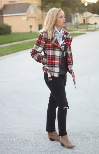 Red, White and Navy Plaid Jacket with Grey Print Tee