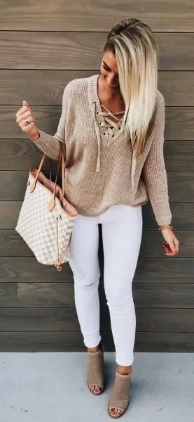 Tan Lace Up Neckline Sweater with White Skinny Jeans