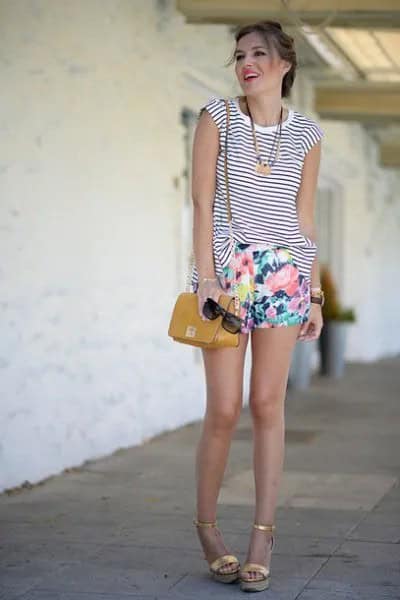 Black and White Striped Sleeveless Tank Top with Floral Printed Mini Shorts