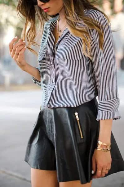 Black and White Pinstriped Shirt with Leather Mini Skater Skirt