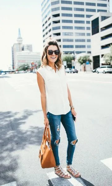 Wear with Ripped Boyfriend Jeans & White Strappy Sandals