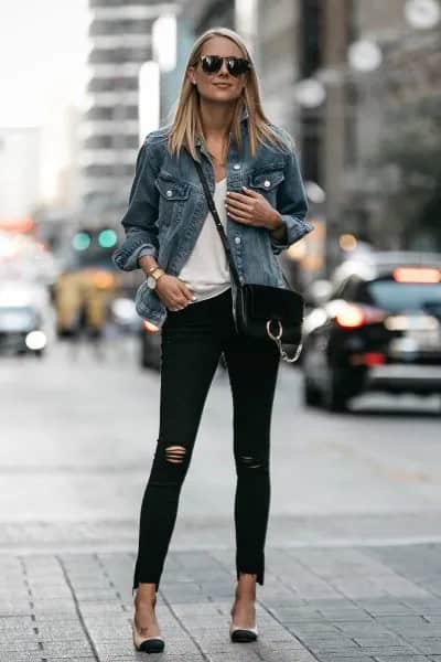 Blue Denim Jacket with White Scoop Neck Tee & Skinny Jeans