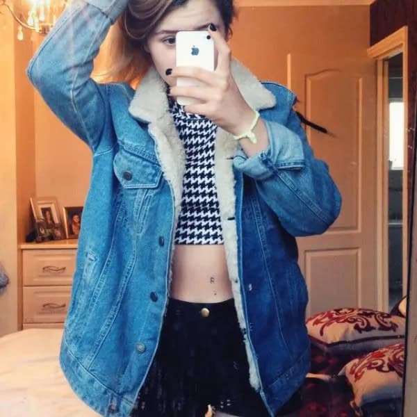 Black and White Patterned Crop Top with Blue Fur Lined Denim Jacket